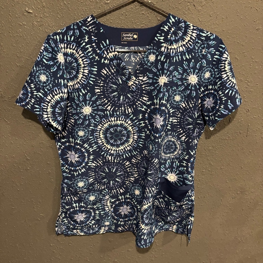 Women's Sanibel Scrubs Blue Patterned Scrub Top